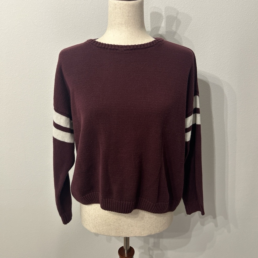 Brandy Melville Maroon Sweater with Ivory Stripes
